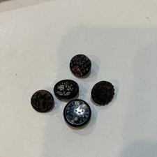 5 Victorian Era Black Glass Buttons  Gold Luster Estate