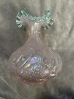 Vtg Fenton Signed "George Fenton" Iridescent Pink & Teal Ruffled Crest Swan Vase