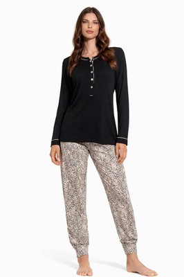Lormar Damen Pyjama Viskose Stretch mit schwarzem Seraphim Strick und Hose