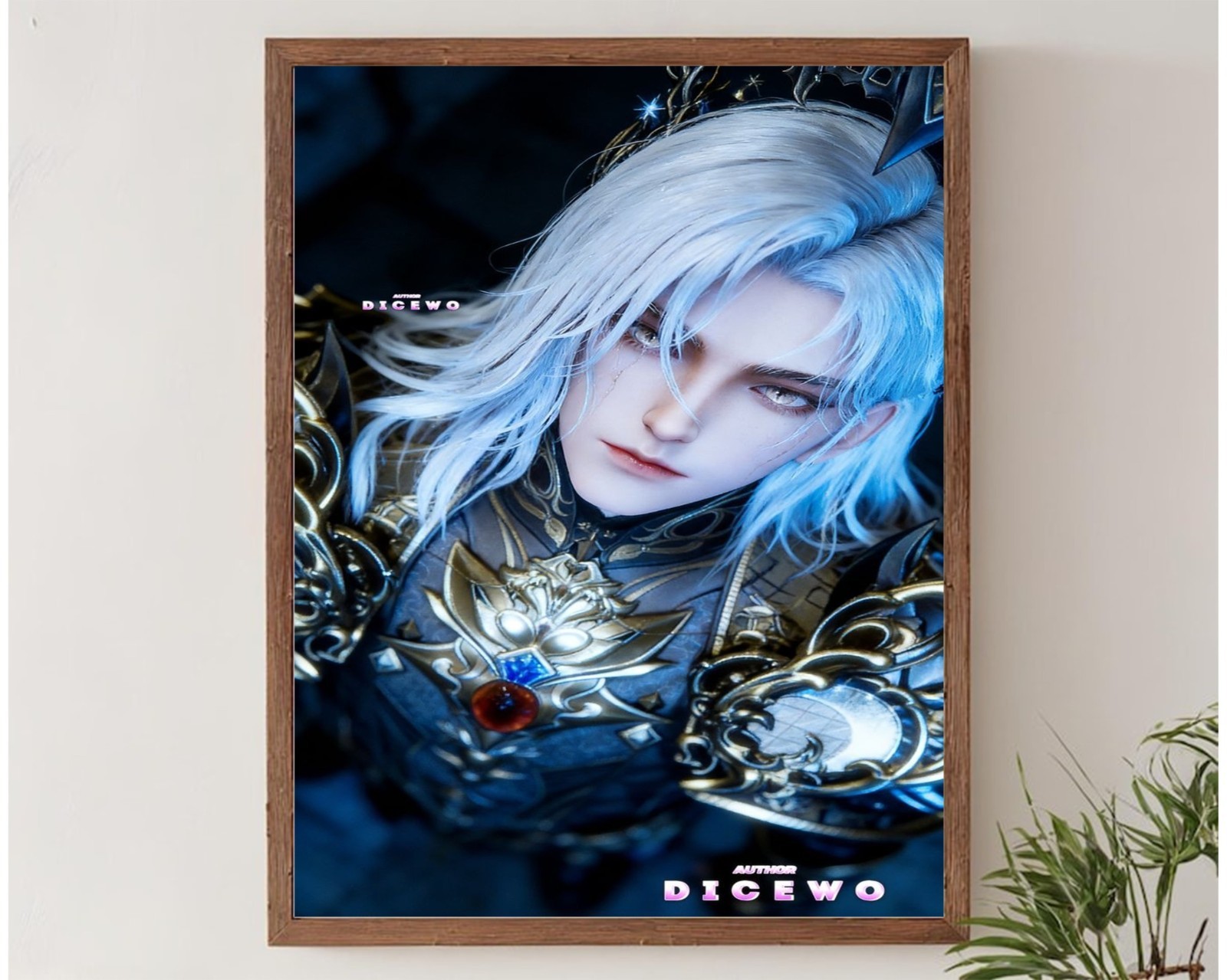 Póster artístico estilo anime armadura caballero fantasía pelo azul