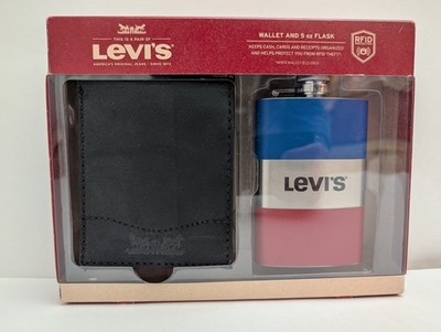 Levi's BiFold Embossed Black Leather RFID Wallet & 5oz Steel Flask 2-pc Gift Set