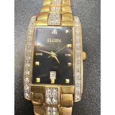 Elgin Men's Gold Tone Rhinestone Black Face Analog Watch Date Window