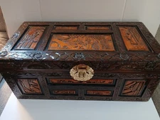 Vintage Chinese Camphor Ornate Wood Chest Trunk 27"x13"x11" Hand Carved