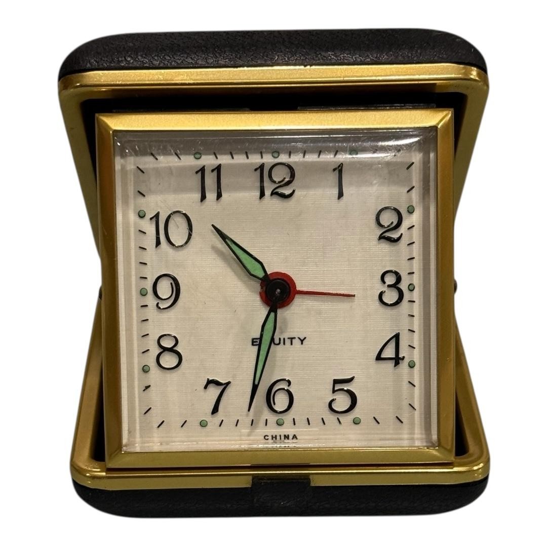 Vintage Equity Compact Travel Alarm Clock Black Wind Up Folding Case Retro