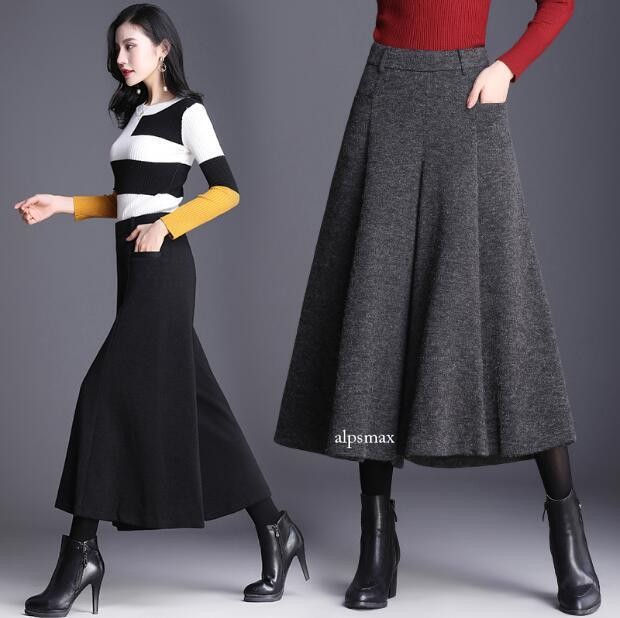 Womens Wide Leg Wool Blend Trouser Ninth Pants Skirt Culottes Casual Fashion New