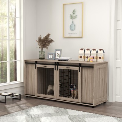 71'' Dog Crate Furniture with Removable Divider, Storage, Walnut