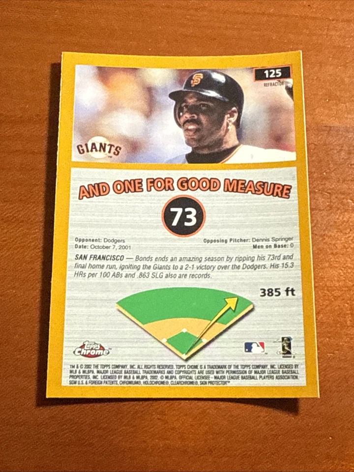 2002 Topps Chrome BARRY BONDS Gold Refractor Race to Seventy 73 HR Giants 125 SP - Image 2 of 2