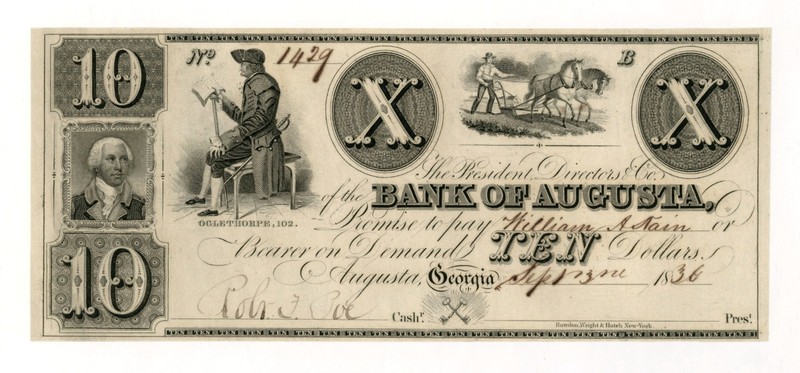 1836 $10 The Bank of Augusta - Augusta, GEORGIA Note