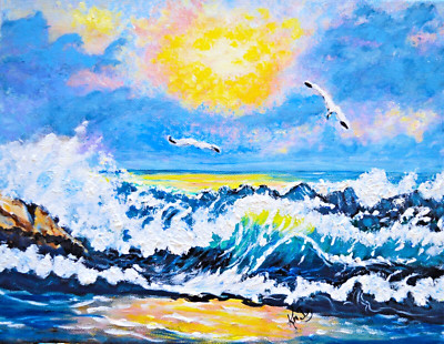Artist Trading Card Ocean Tidal Waves Sea Birds Sunset Beach Miniature ATC