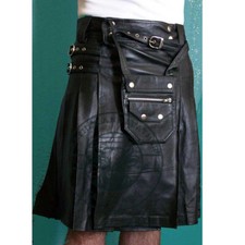 Handcrafted Men's Black Genuine Leather Utility Kilt - Adjustable Waist