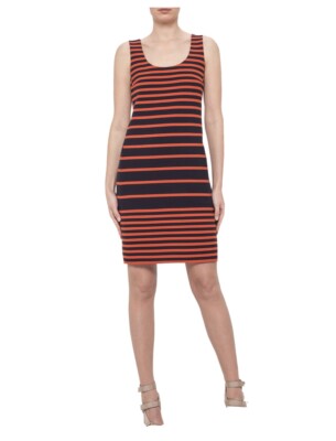 AKRIS PUNTO SLEEVELESS STRIPED SCOOP-NECK DRESS, NAVY/RUST~NEW~NWT $995