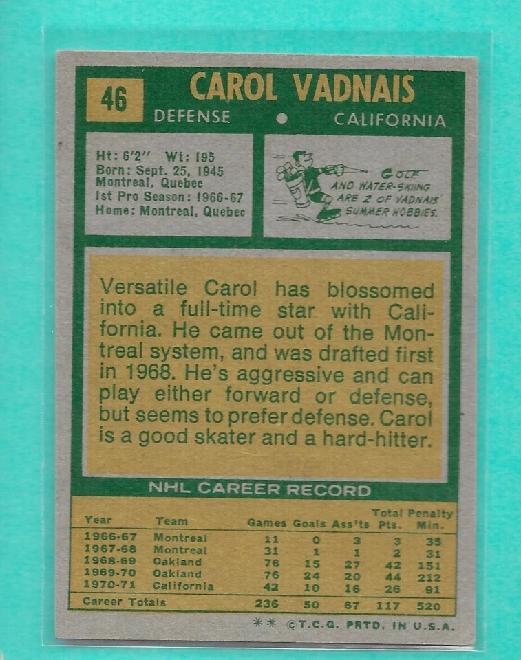 1971-72 Topps Hockey CAROL VADNAIS #46 California Golden Seals NHL - Image 2 of 2