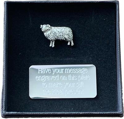 Personalised Gift Box & Hand Made Pewter Sheep Pin Badge ENGRAVED FREE