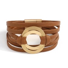 Boho Genuine Leather Wrap Bracelet for Women Men Hollow Circle Charm Bangle Gift