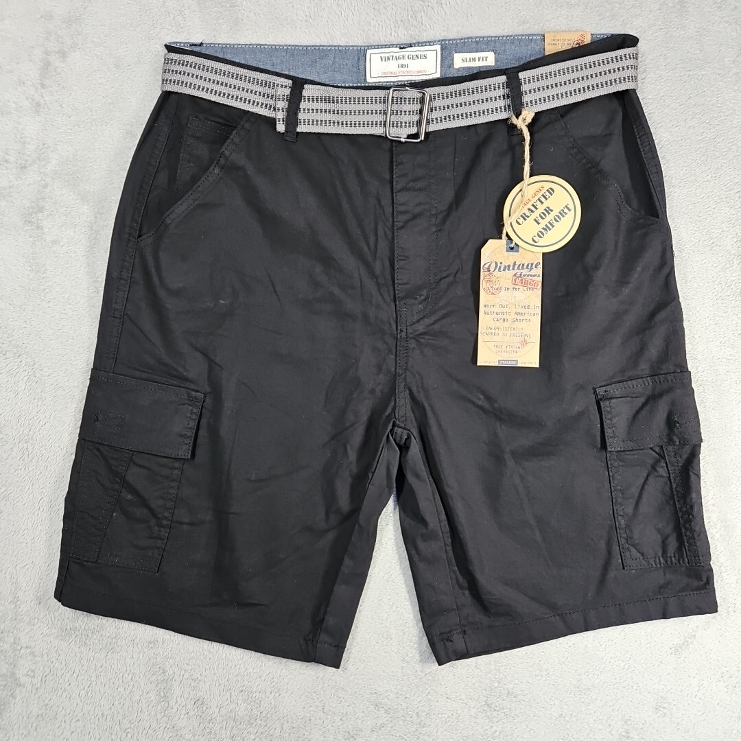 Vintage Genes Original Stacked Cargo Shorts Slim Fit Mens Black