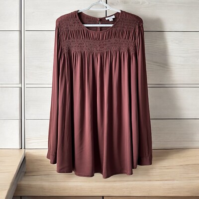 J Jill Satin Smocked A-Line Flowy Blouse Clove Rust Womens Sz L Soft Silky Comfy