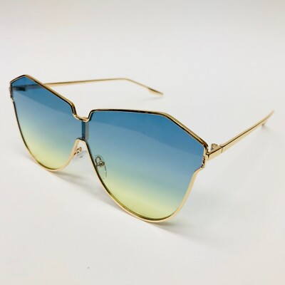 Shield Sunglasses  GreenYellow Ombre Lens Gold Frame Fashion Sun Glasses Metal