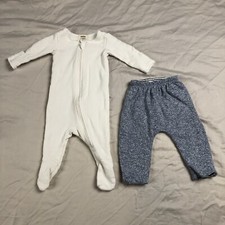 Lot 2 Owlivia Baby Gap full Zip One Piece Pants Baby 0-3 Mos White Blue Lined