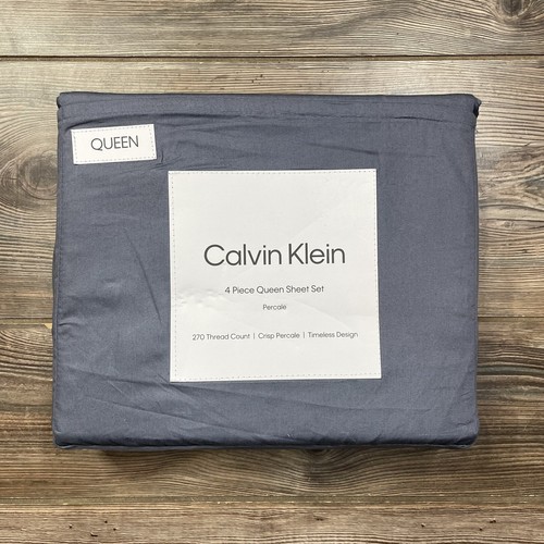 CALVIN KLEIN 4-Piece Queen Sheet Set 270 TC 100% Cotton Percale Blue NWT