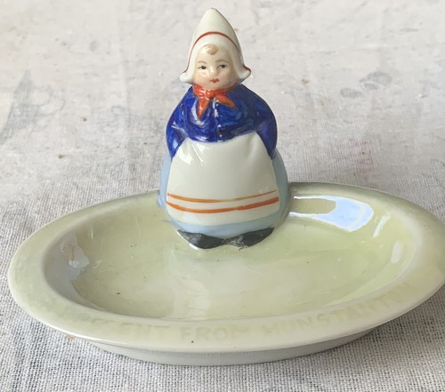 Vintage Ceramic Pin Dish With Dutch Lady. Present From Hunstanton. No Mark. VGC.