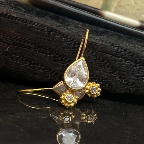 Handmade Pear White Topaz Dainty Hook Gold Earrings 925 Silver Turkish Jewelry - Picture 2 of 5