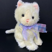 Walmart Cream White Cat Plush Pink Nose Ear Purple Bow 10" Stuffed Animal Sits