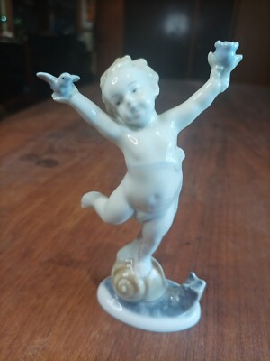 Vintage Metzler Ortloff Porzellan FRÜHLING farbige Cherub Figur SCHNECKE