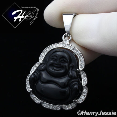 MEN's Stainless Steel Brushed Black Onyx Silver Buddha Charm Pendant*P117 - Picture 1 of 3