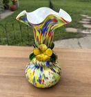 Vintage Murano Hand Blown Glass Vase with Applied Flower Ruffle Rim Confetti