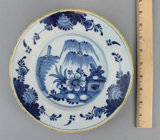18thC Antique Painted Blue & White Signed DELFT Pottery Faience Garden Plate NR