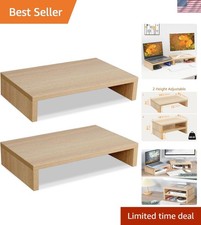 Dual Adjustable Wood Monitor Stand Riser - Stylish Ergonomic Tech Solution