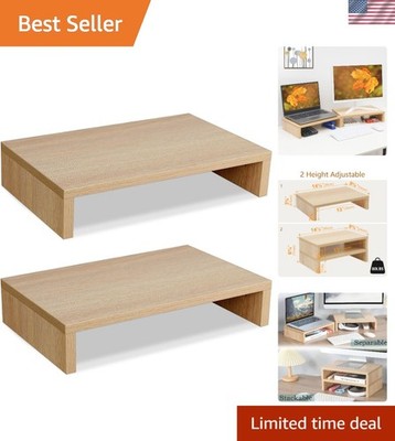 Dual Adjustable Wood Monitor Stand Riser - Stylish & Ergonomic Tech Solution
