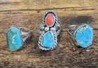3 Vintage Sterling Silver Southwestern Rings with Turquoise & Coral - Size 8.5