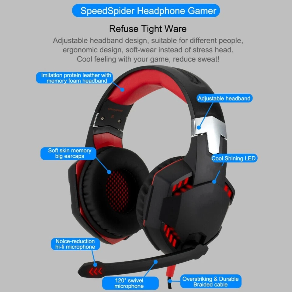 Cuffie Gaming 3.5mm Microfono LED Cuffie Basso Stereo Suono per PC PS4 Xbox One - Immagine 4 di 4