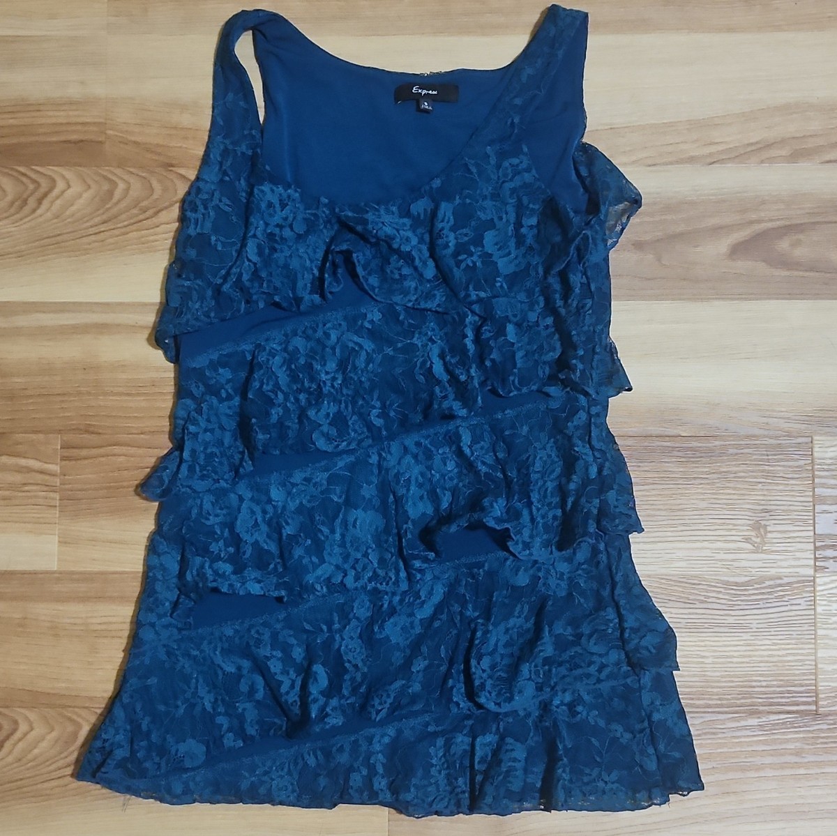Express Blue Floral Lace Scoop Neck Ruffle Short Sleeveless S
