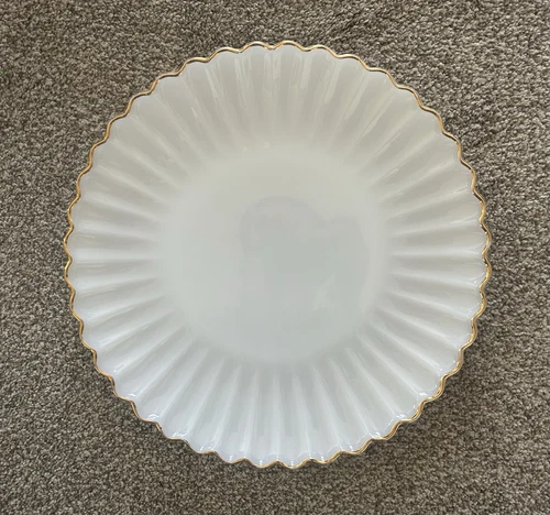Vintage Anchor Hocking Fire King White Milk Glass Gold Scalloped Edge  14" Plate