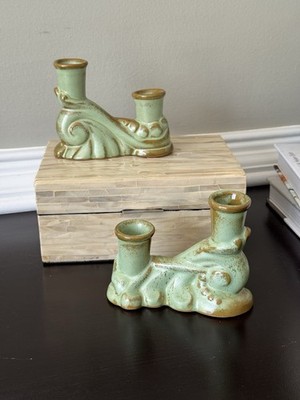 Wade Art Deco Scroll Ceramic Candle Holders Pair Green Brown Glazed