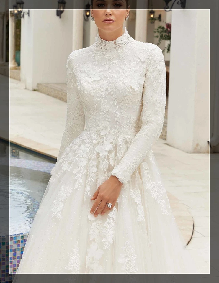 Muslim Glitzer Spitze Brautkleid Hochzeitskleid 32-60 Übergröße A-Linie Langarm - Bild 3 von 4