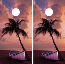 Beach Palm Tree Boat Sunset Cornhole Board Decal Wrap Wraps