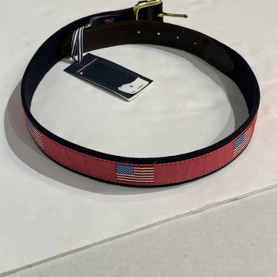 Vineyard Vines Belt Mens 32 American Flag Canvas Club Leather Trim