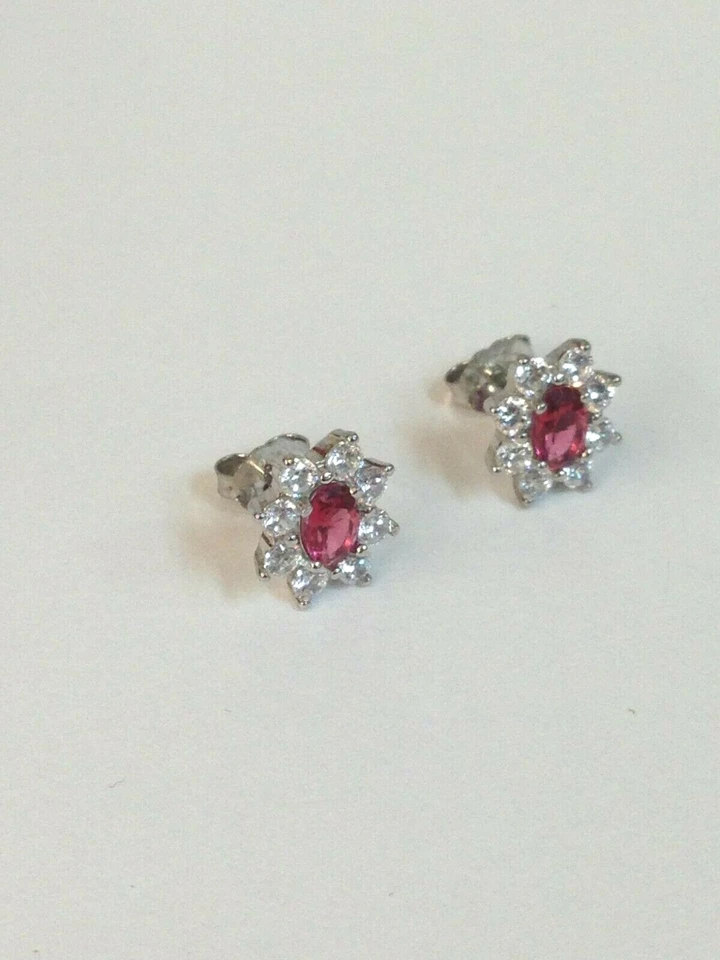 orecchini lobo argento 925 rodiato zirconi bianchi rosso rosa ovale punto luce - Immagine 4 di 4