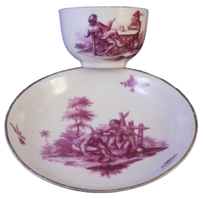 Antique 18thC Ludwigsburg Porcelain Puce Scenic Cup & Saucer Porzellan Tasse