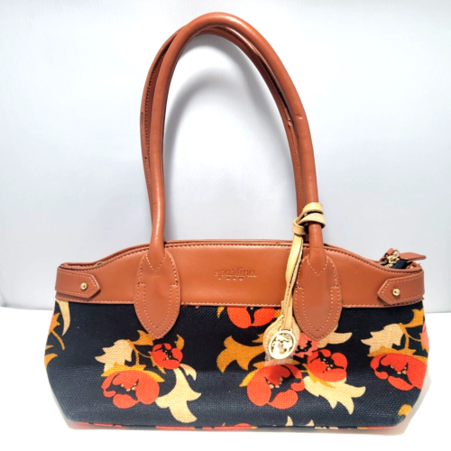 Spartina 449 Brown Leather Navy Blue Floral Canvas Satchel Purse Top Handle New - Picture 1 of 9
