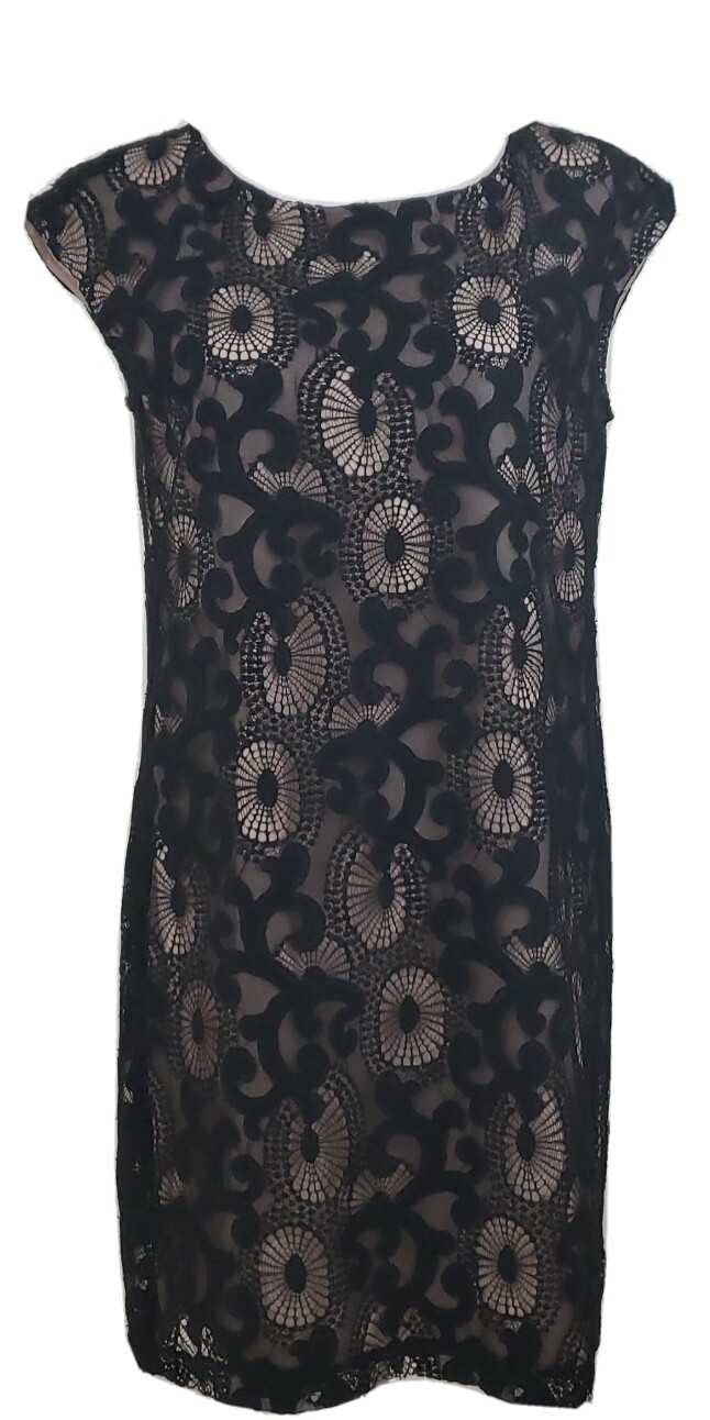 Ann Taylor LOFT ~Woman Size 4~ Black/Cream Shift Mini Dress Lace Overlay.