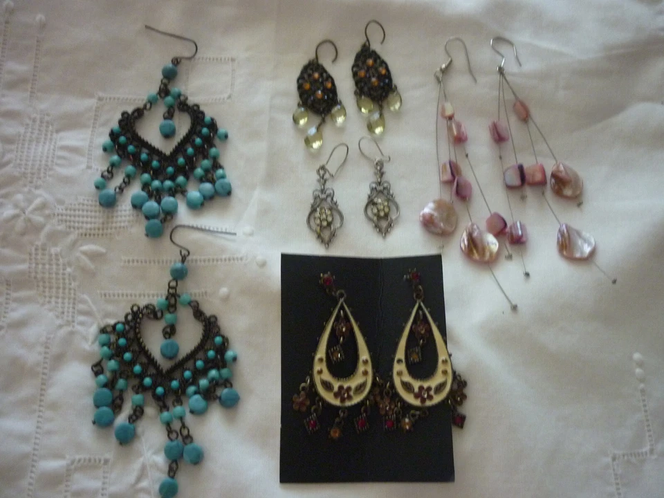 5 CONJUNTOS PENDIENTES VINTAGE - LATÓN/ESMALTE Y GEMA, PLATA, TURQUESA, MONET Y ROSA Foto 2 de 4