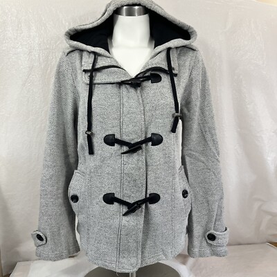 Cato Duffle Hooded Pea Coat Jacket w/ Zipper Snap Toggle Up Grey Womens