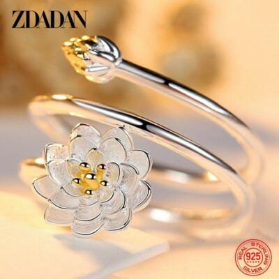 Anillo De Plata De Primera Ley Con Forma Loto Para Mujer Sortija Ajustable Flor