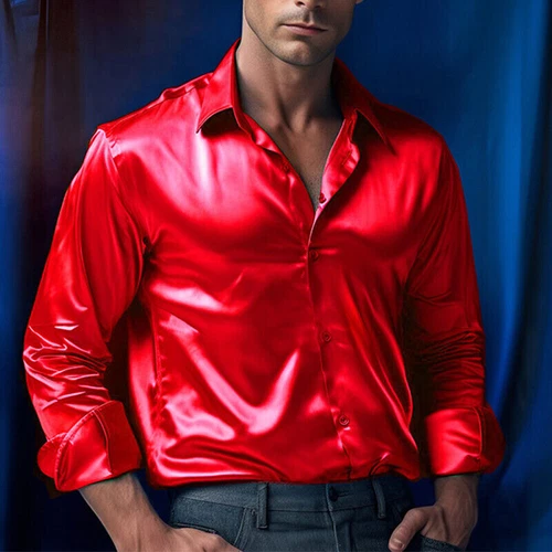 Herren Satin Hemd Tanzen Oberteile Hochglanz Kleid Langarm Hochzeit Freizeithemden Neu - Bild 1 von 25