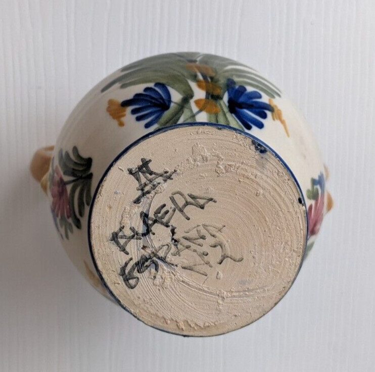vintage floral vase two handles signed Flaera Espana Spanish