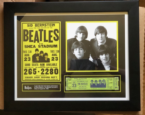 The Beatles 16" X 13" Framed Repligraph of Shea Stadium Flyer Ticket & Photo